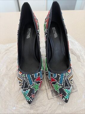 Michael Kors Black Pointed-Toe Beaded Pumps with Multicolor Accents